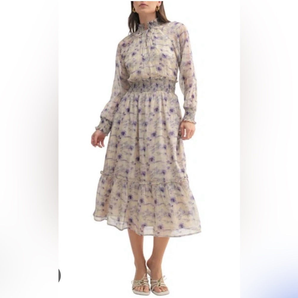 Mila Mae Floral Smocked Waist Midi Dress - Cream and Lavender